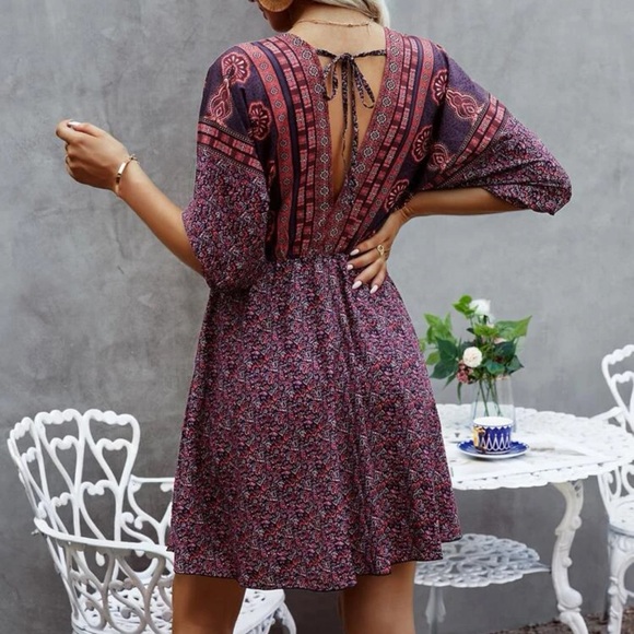 Boho gypsy floral print v neck short sleeve open back dress purple red - Picture 2 of 2